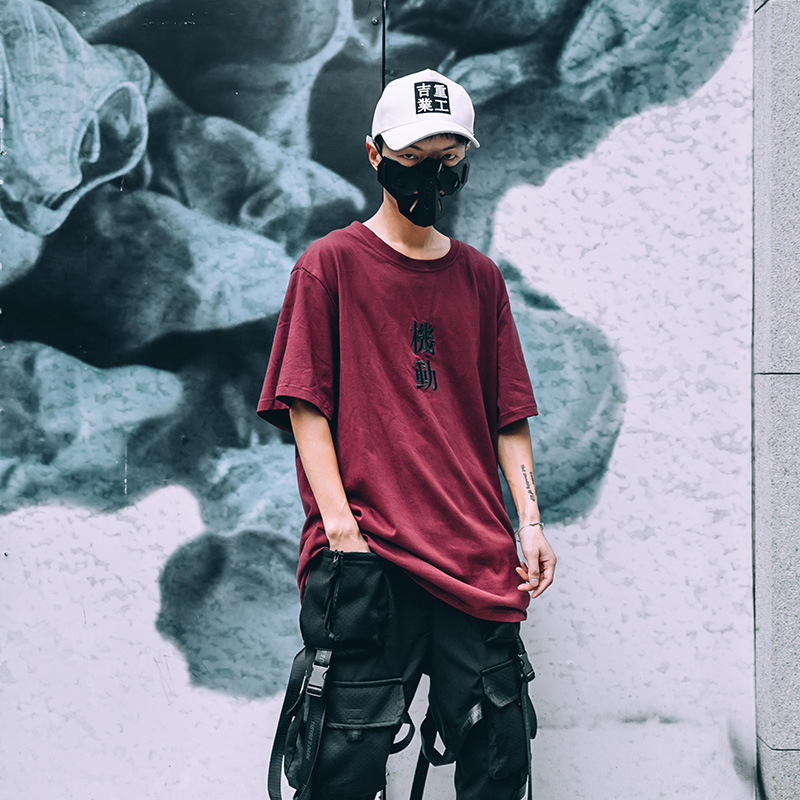 2019国潮暗黑先锋机能风短袖t恤男宽松嘻哈潮牌衣服刺绣半袖衫潮