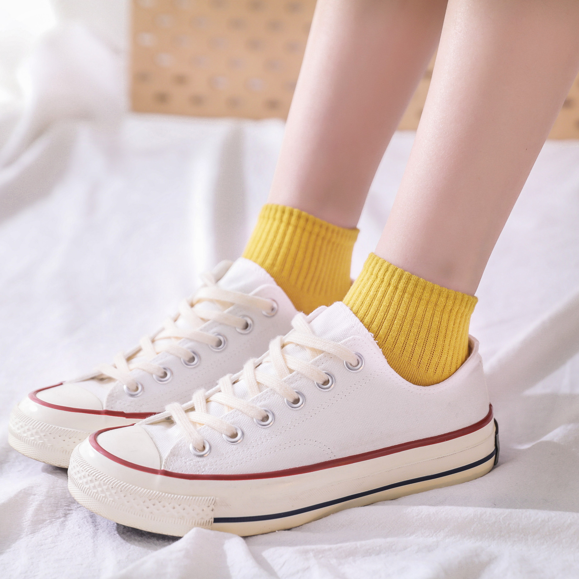 袜子女士短袜春 纯色浅口棉袜短款女袜夏季薄款船袜ins 5双装