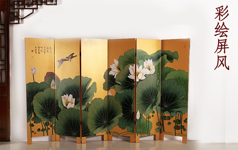 扬州漆器厂 漆器装饰屏风传统手工艺彩绘喷金底荷花屏风
