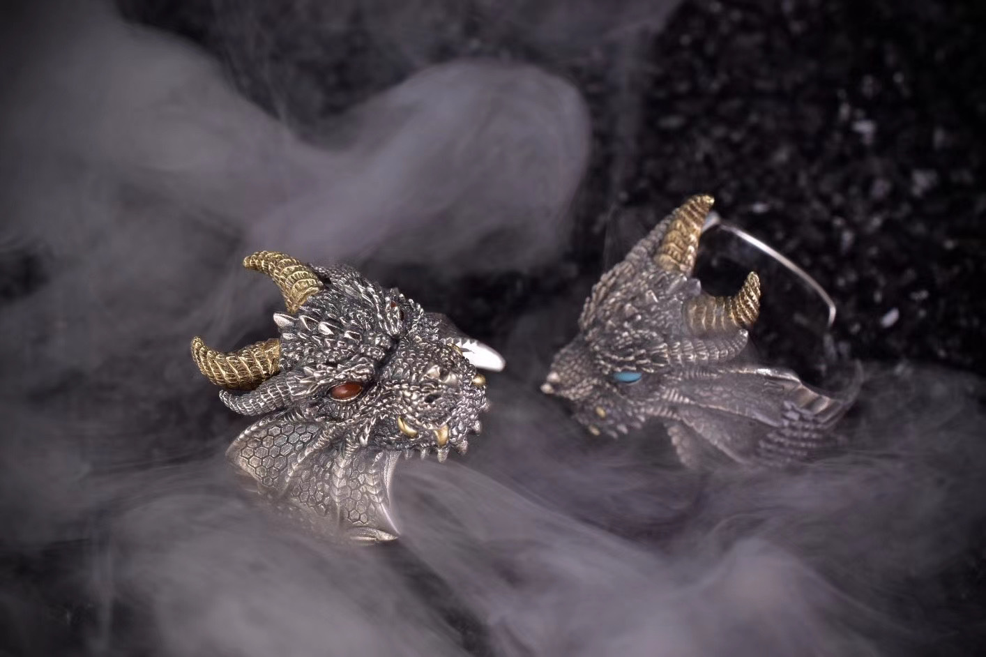 深渊魔龙戒指s925银镶嵌松石南红玛瑙复古国风男款食指戒批发