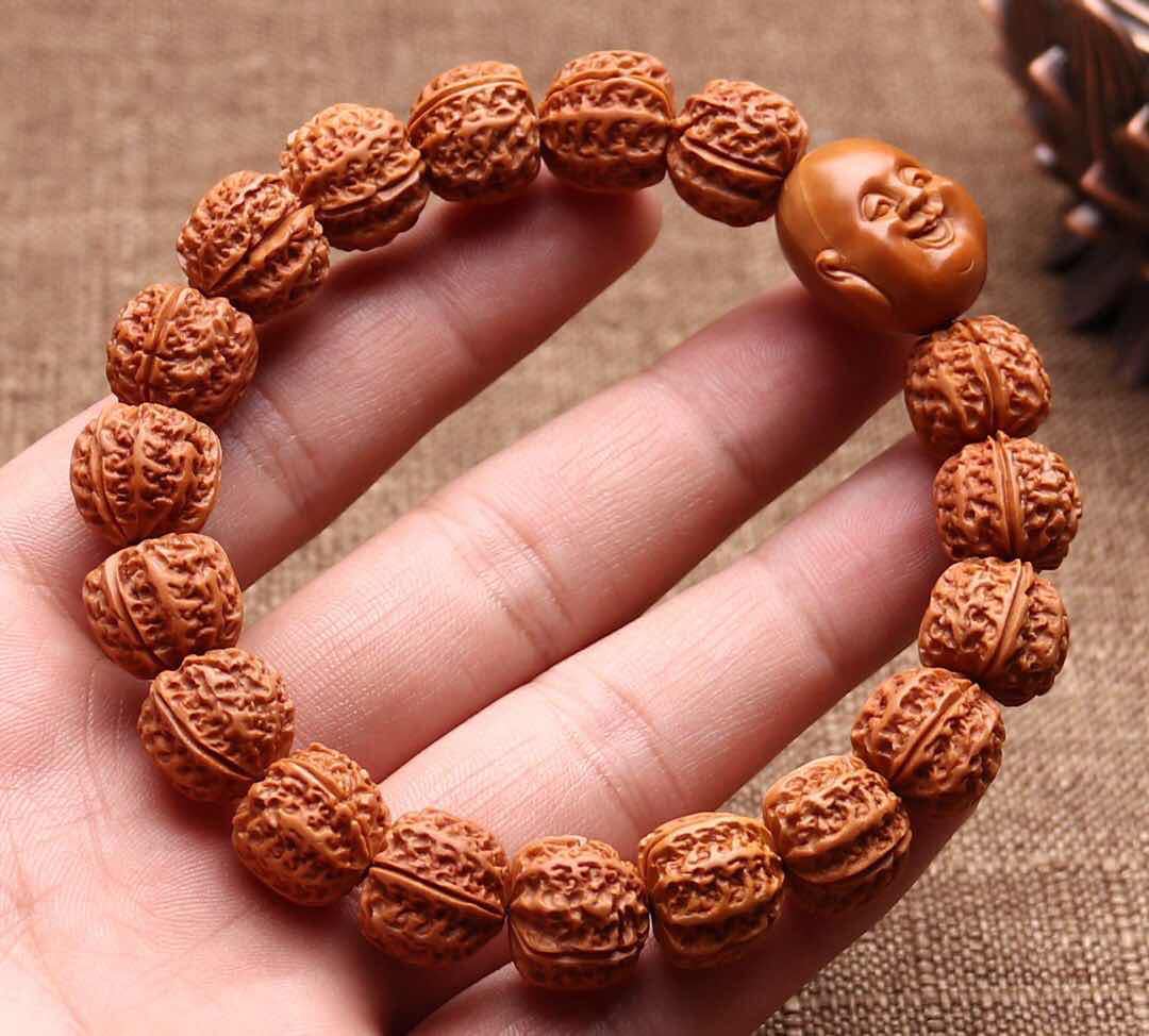 小核桃龙纹京八棱手串龙纹桃核雕刻手串正圆矮桩橘红皮灯笼文玩