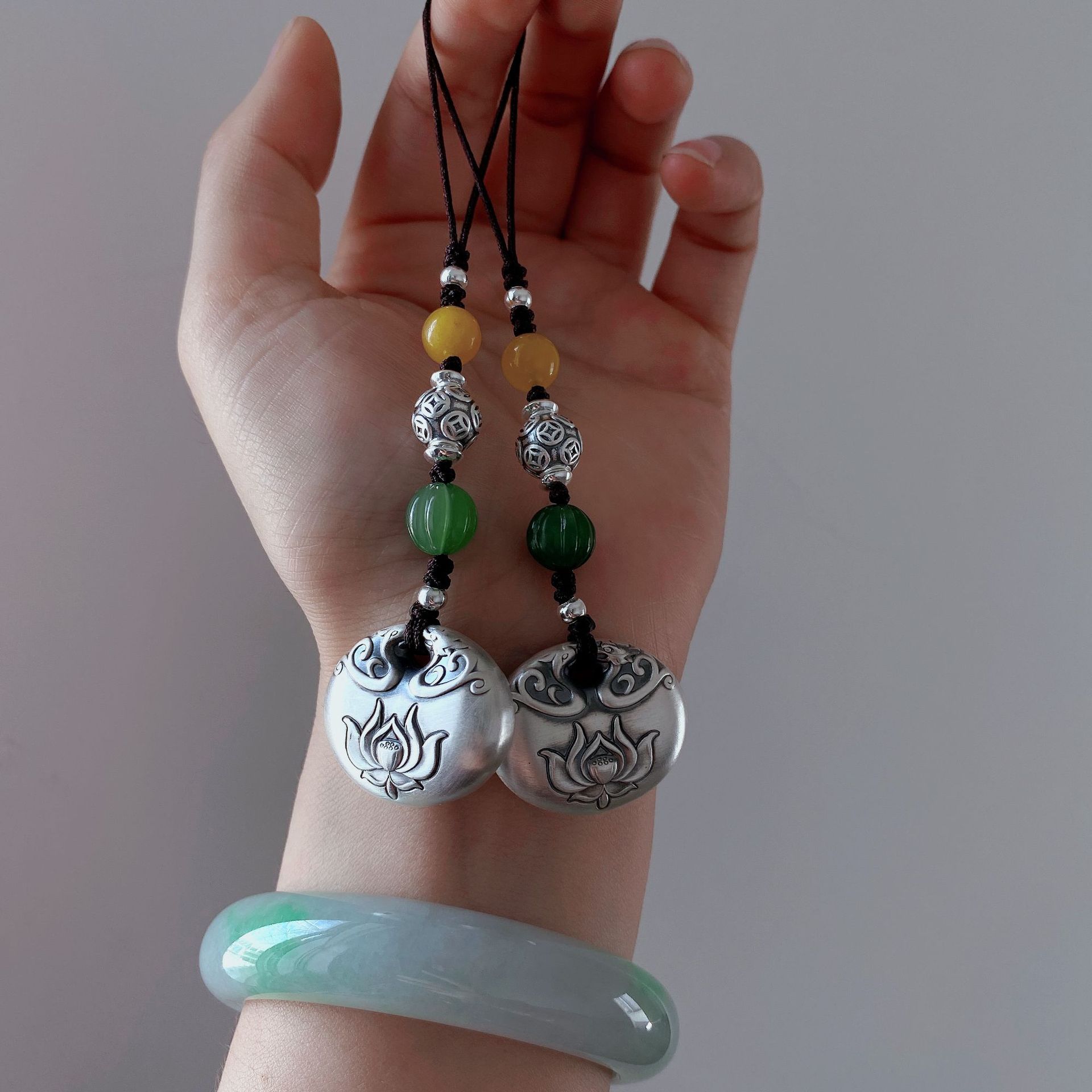 999纯银吊坠仿古莲花古法挂坠手机链挂绳纯银钥匙扣车钥匙批