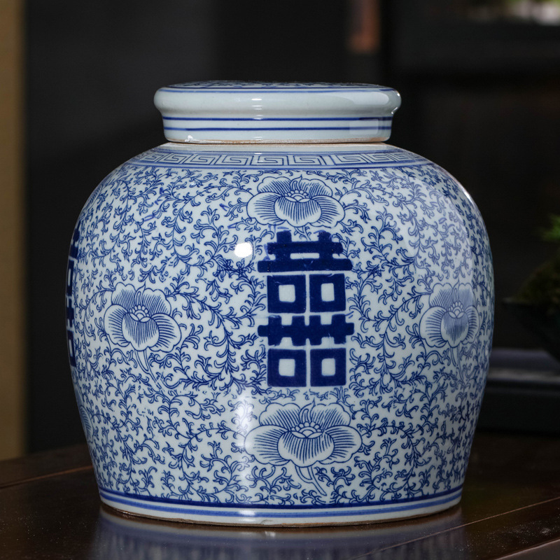 景德镇仿古釉下彩青花双喜罐家居青花瓷储藏罐子干货储物瓷罐批发