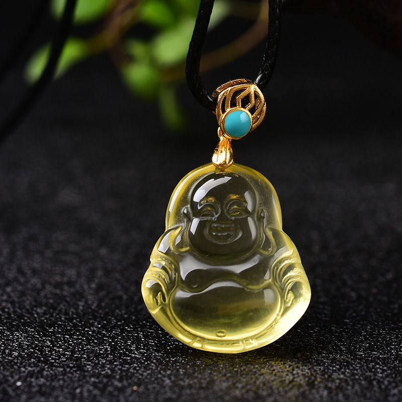 天然黄水晶弥勒佛吊坠黄水晶佛毛衣链锁骨链女款饰品开运水晶挂件