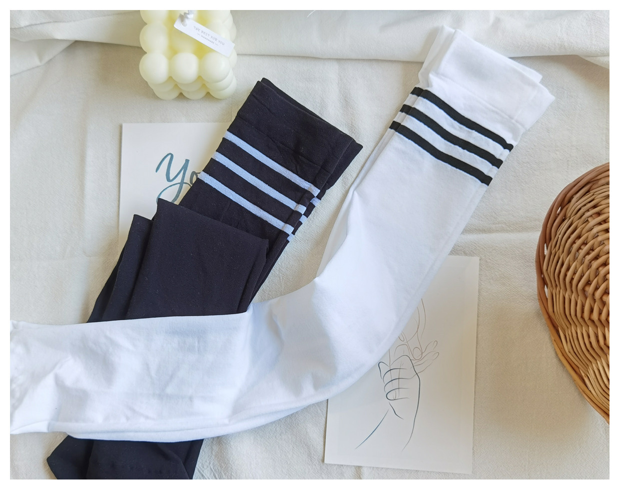 日系白色天鹅绒三杠条纹中筒袜学生小腿袜子女(儿童成人通用款)