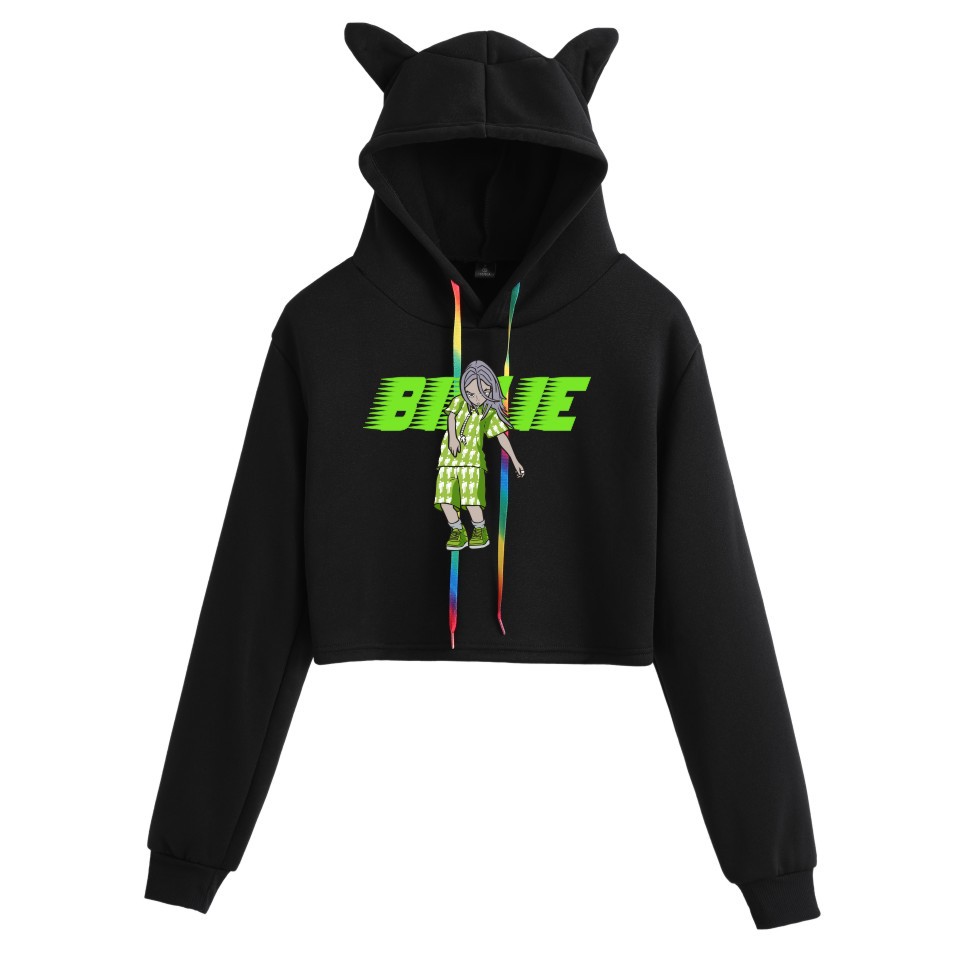 跨境欧美热点 billie eilish歌手露脐猫耳朵套头短款个性连帽卫衣