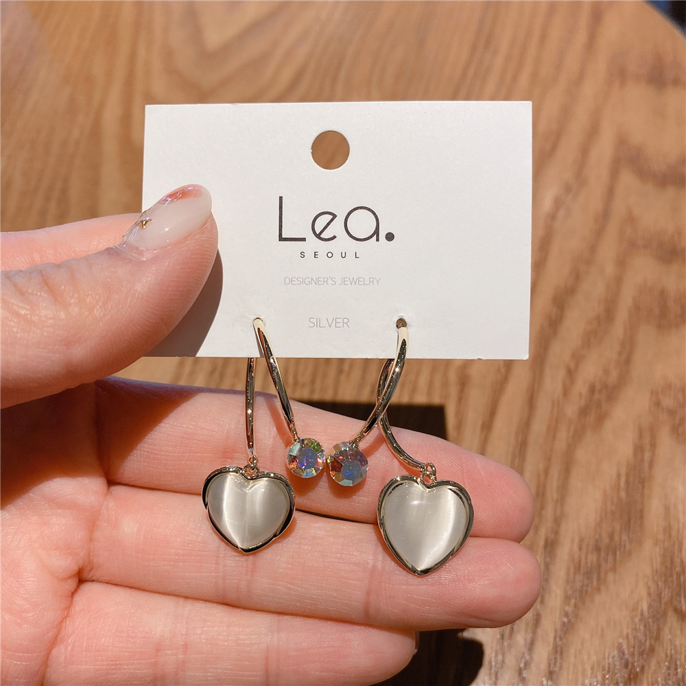Korean Dongdaemun Love Opal Sterling Silver Needle Earrings Gold-Plated Earrings Fashionable All-Match Elegant Earrings