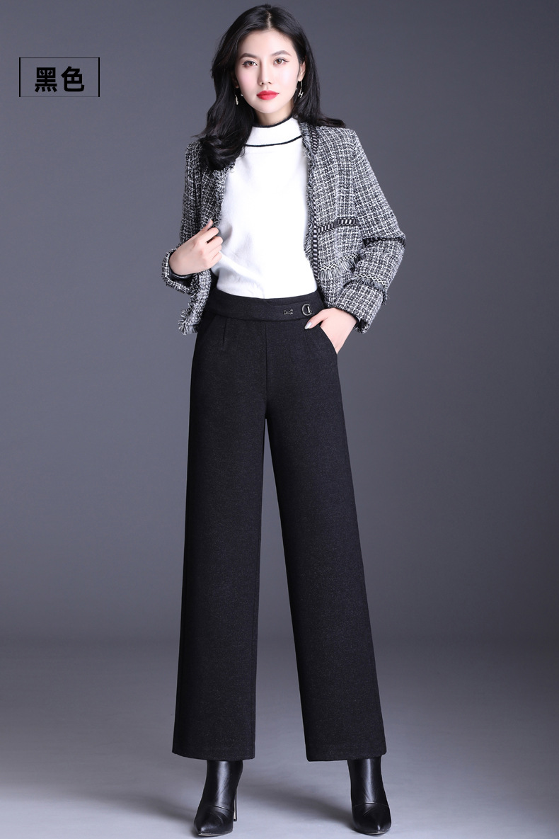 厚毛呢阔腿裤子女冬九分直筒裤女冬季韩版女装加厚毛呢女士休闲裤