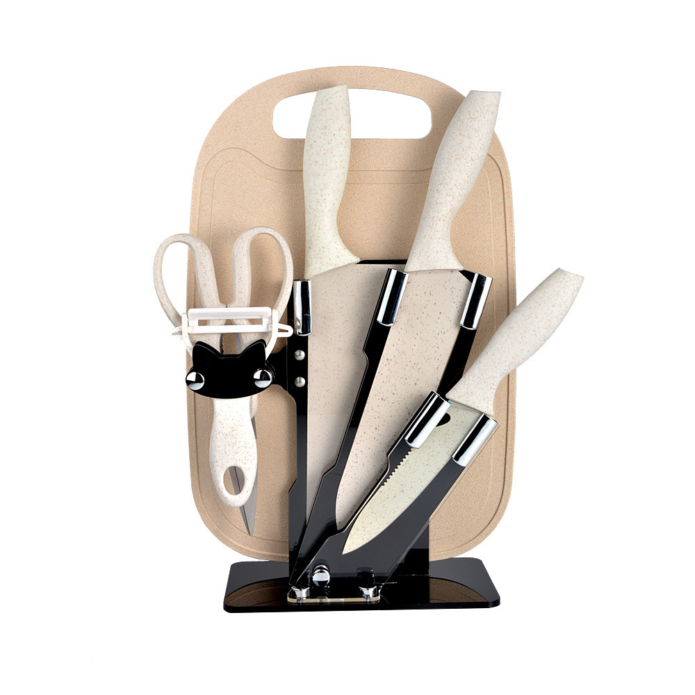 Small Straw Kitchen Knife Set Household Small Kitchen Knife Chef Knife Fruit Knife Kitchen Scissors Cutting Board Knife Holder Gift Knife Set