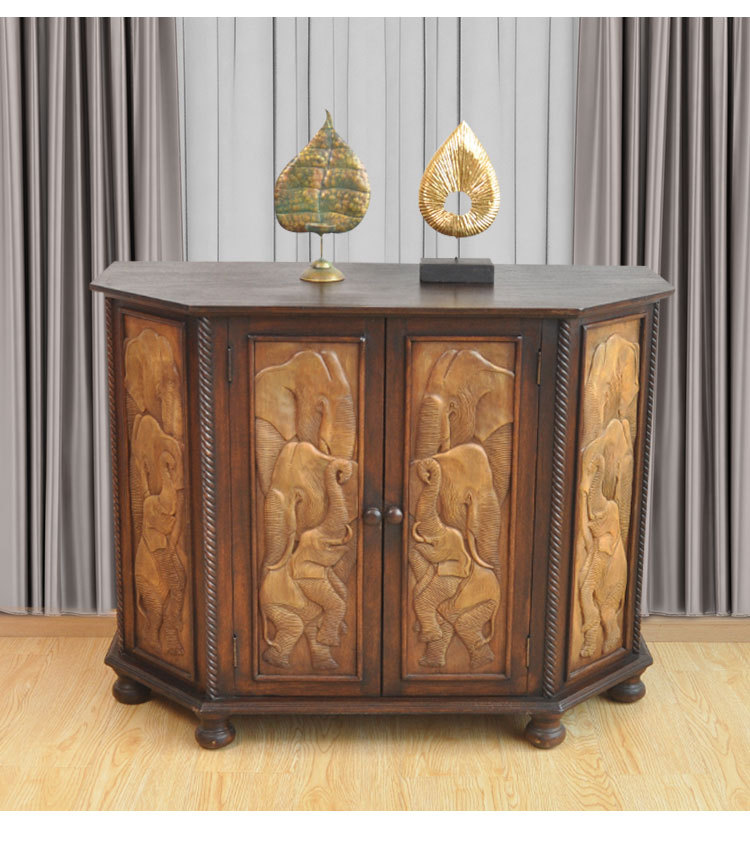 泰国大象浮雕玄关柜装饰柜东南亚风格复古实木家具储物柜子