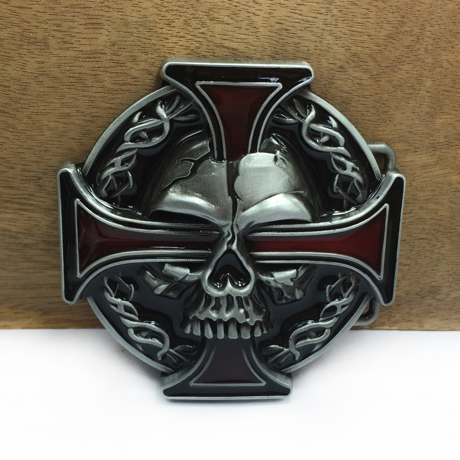 宝彩优品 锌合金骷髅头红色十字架皮带扣 03164-1 复古休闲腰带扣