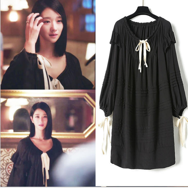 虽然是病精神但没关系徐睿知高文英同款黑色抽带宽松长袖连衣裙子