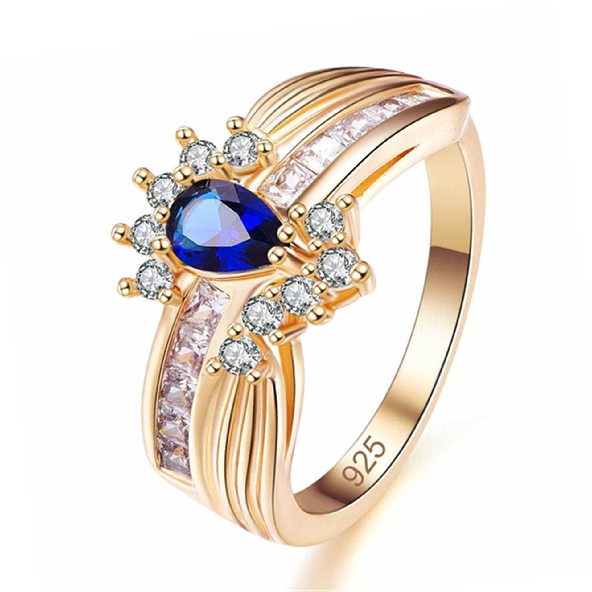 速卖通wish热卖皇家蓝绿钻镀黄金色方钻戒指豪华婚宴婚戒珠宝批发