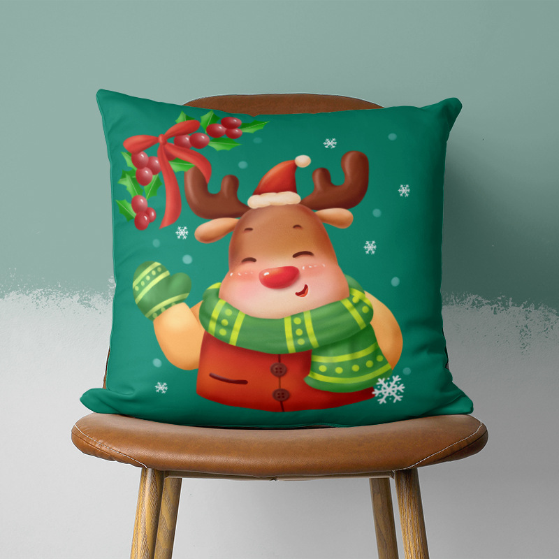 2023 New Home Cartoon Square Christmas Pillow Cover Bedside Home Sofa Green Series Plush Pillow
