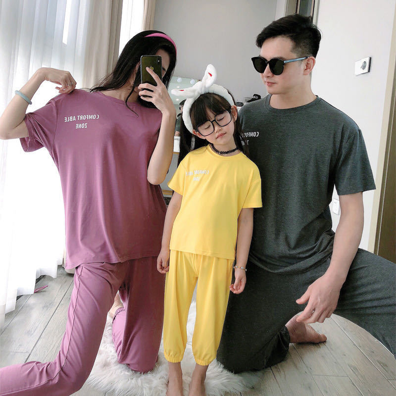 定制 亲子装家居服套装夏装新款一家三口睡衣家庭装洋气