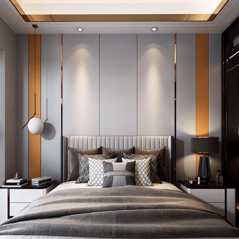 硬包电视墙背景墙现代轻奢卧室床头软包金属条客厅餐厅简约影视-询价