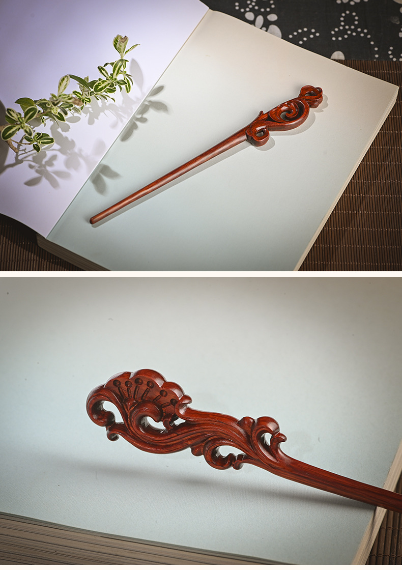 小叶紫檀木钗祥云发簪女百搭盘发汉服简约复古生日情人节礼物簪子