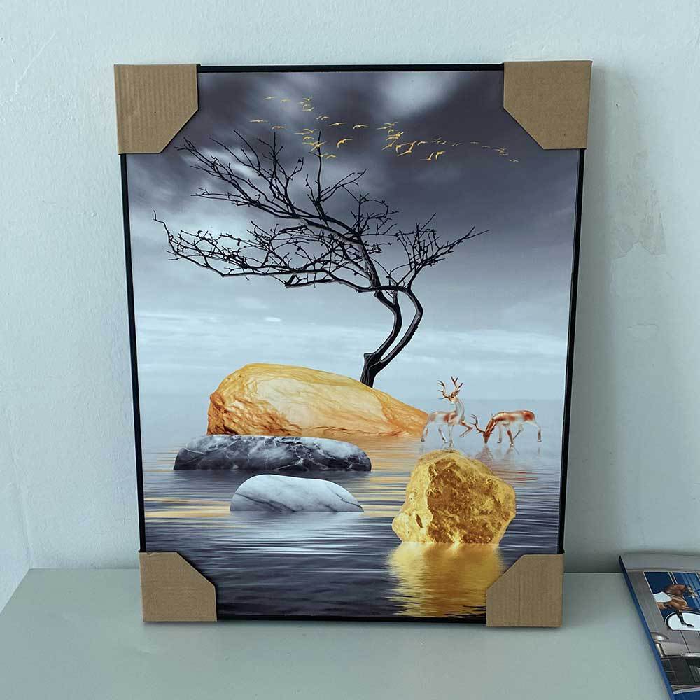 现代简约轻奢装饰画客厅餐厅床头挂画发财鹿一帆风顺布纹膜壁画