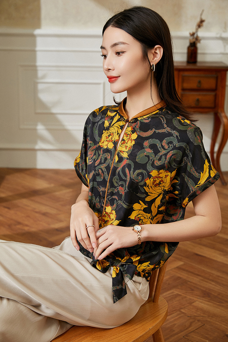 上海旗袍厂xn-8032丝绸2020夏季新高品质弹力缎上衣桑蚕丝钉珠衬衫