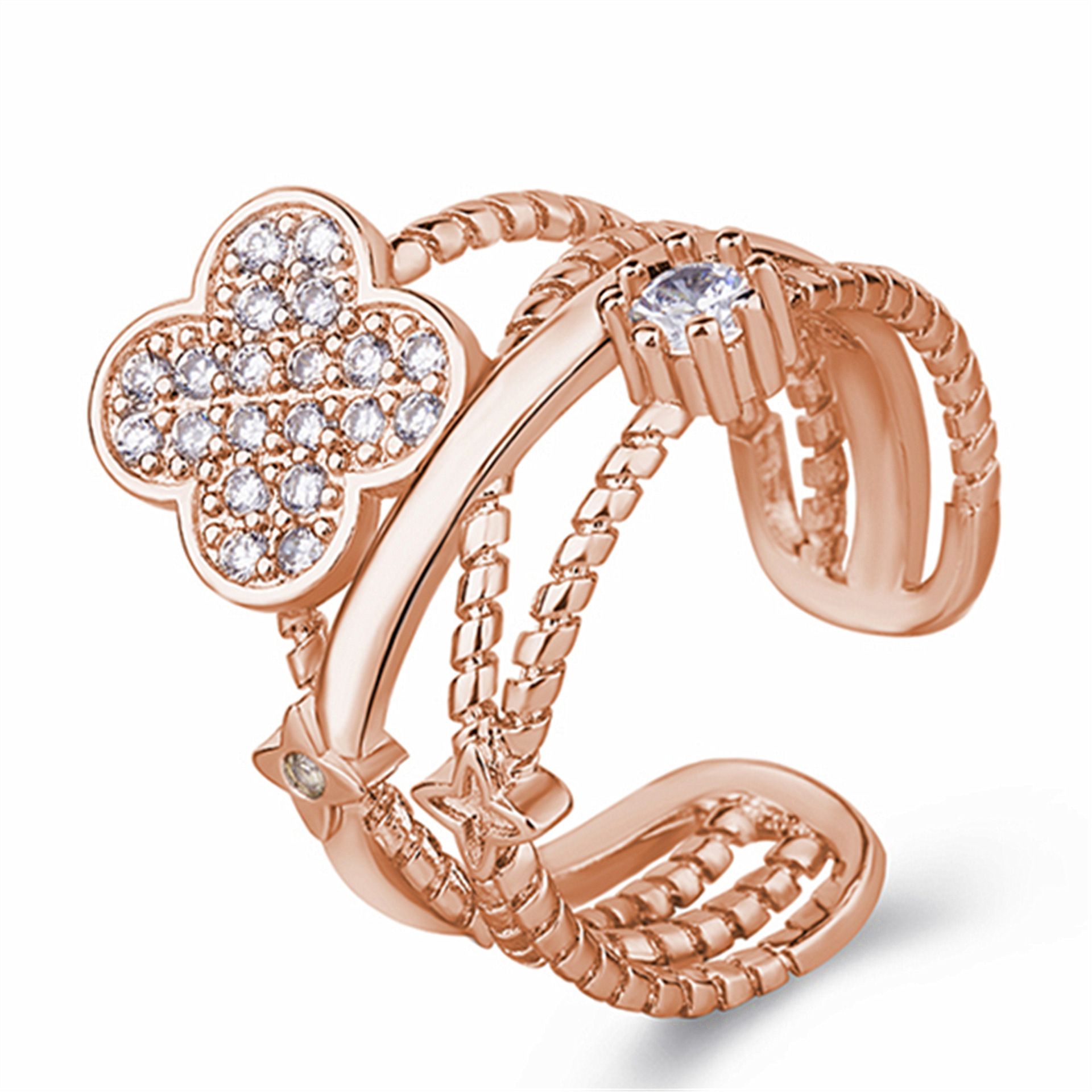 镶钻四叶草戒指女日韩版玫瑰金色指环活口可调节尾戒一件代发