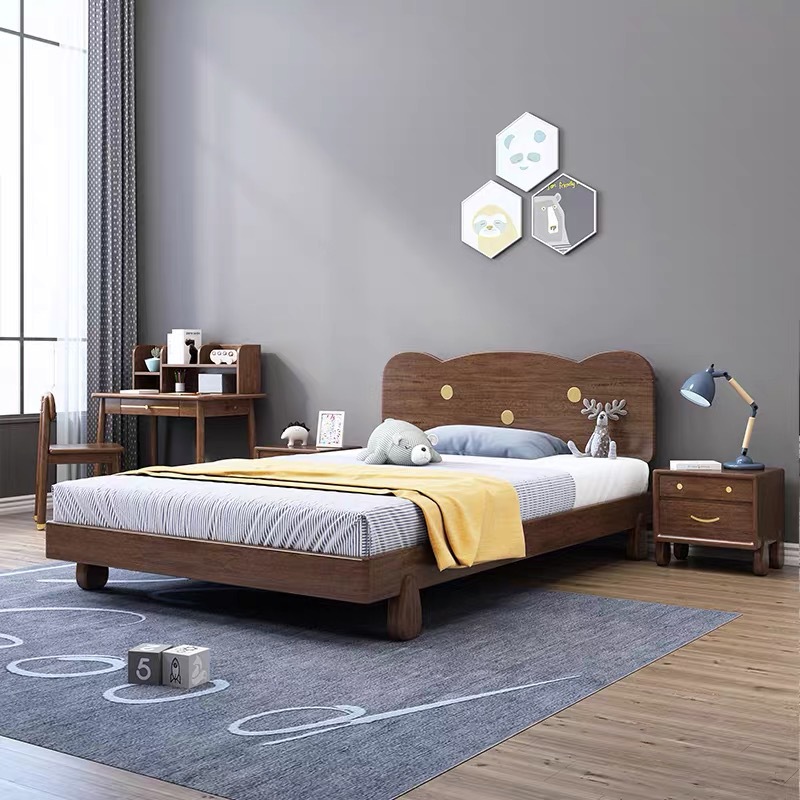 新中式儿童实木床轻奢胡桃木小户型单人男女小孩床1.2米卧室环保