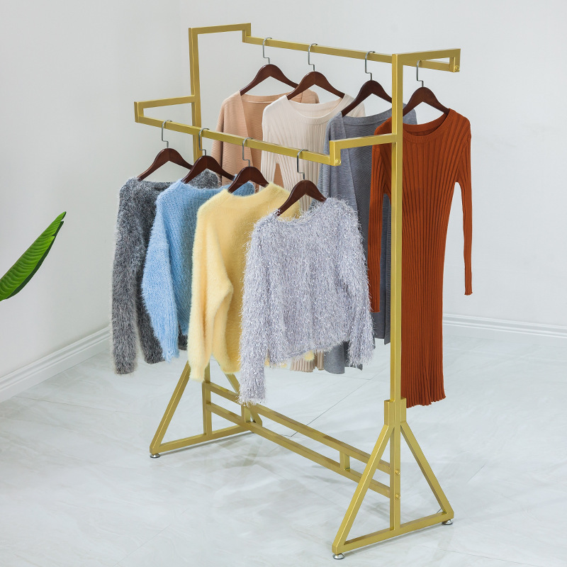服装展示架店铺中岛架子落地式简约侧挂架陈列架金色女装衣服挂架