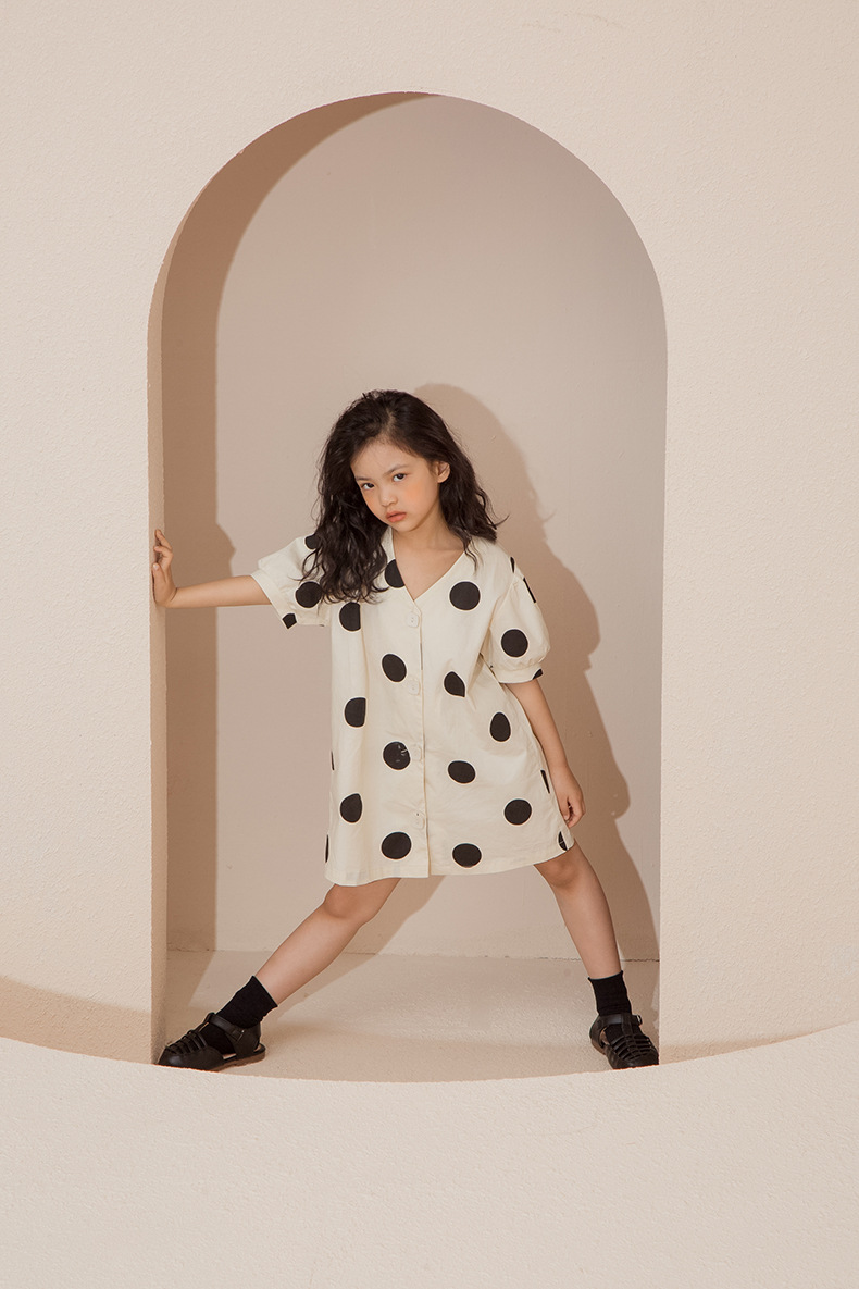 小懒猫童装夏季新品儿童韩版亲子装连衣裙女童圆点宽松长裙