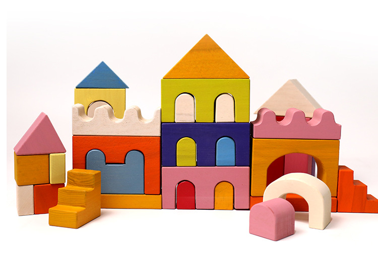 创意实木彩虹拼搭城堡积木儿童趣味早教形状颜色认知能力益智玩具