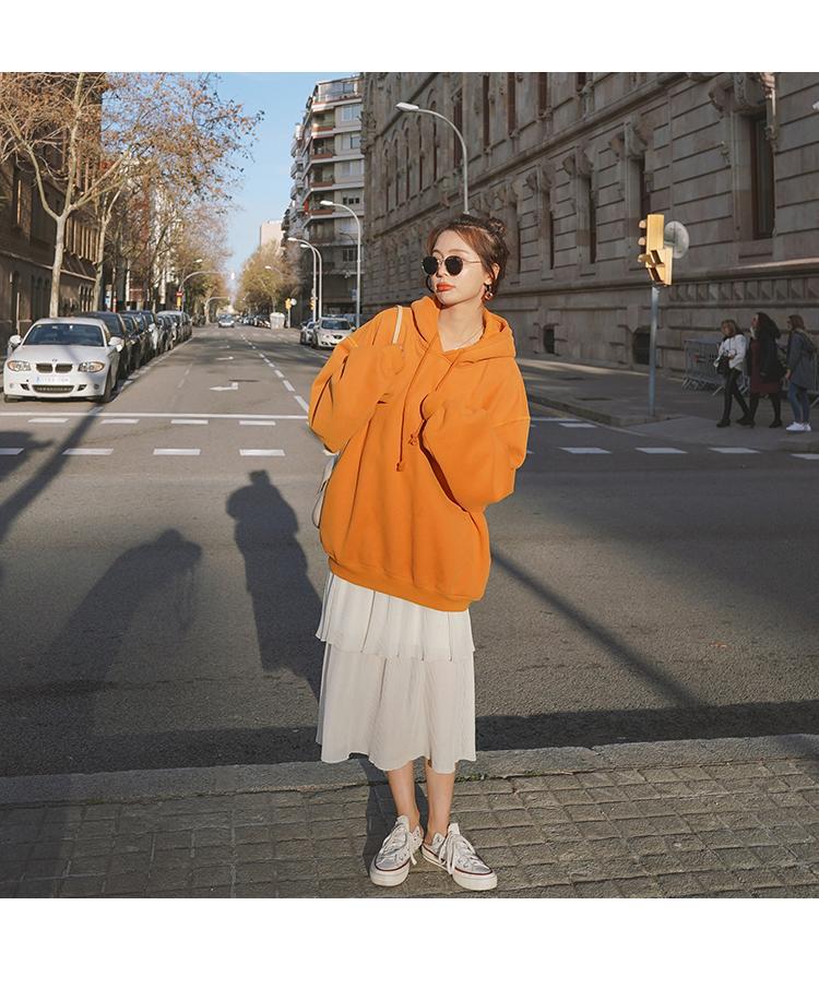 实拍oversize韩系甜美橘色连帽宽松显瘦大版休闲蝙蝠袖套头卫衣女