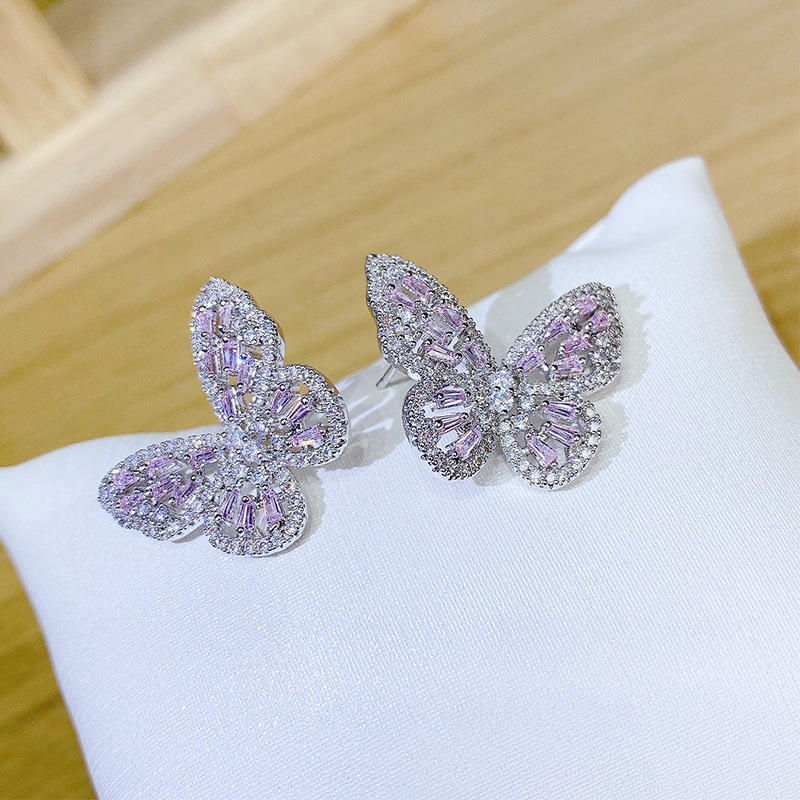 Graceful Personality Butterfly Sterling Silver Needle Stud Earrings Japanese and Korean Versatile over Inlaid Zircon Internet Celebrity Earring with Same Kind Earrings Wholesale