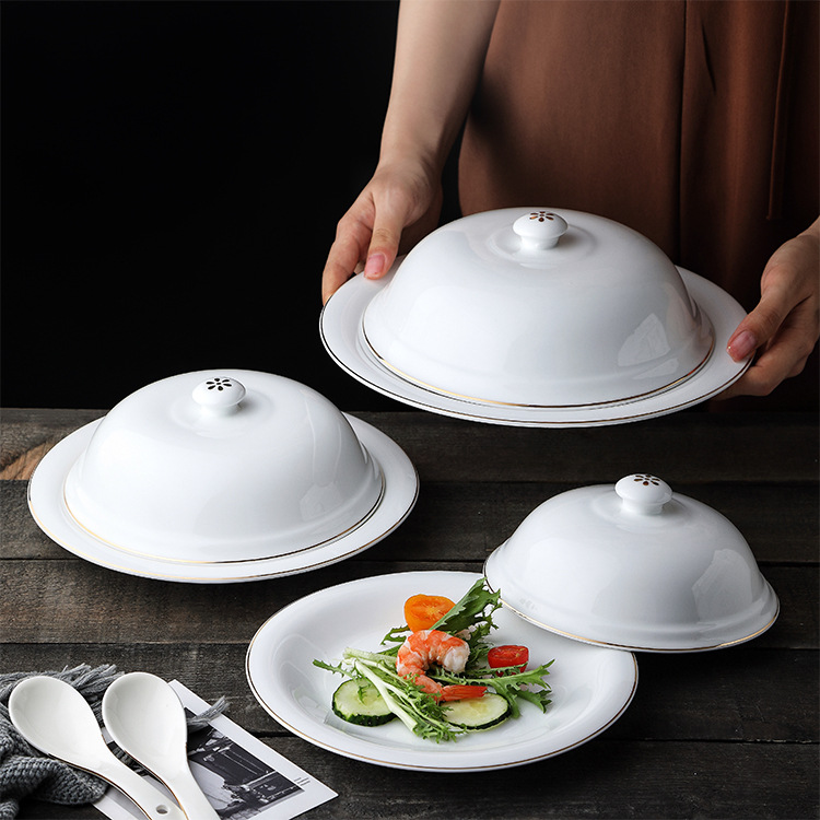 酒店餐厅金边陶瓷牛排餐盘带盖海参鲍鱼捞饭盘定制餐具公勺公筷