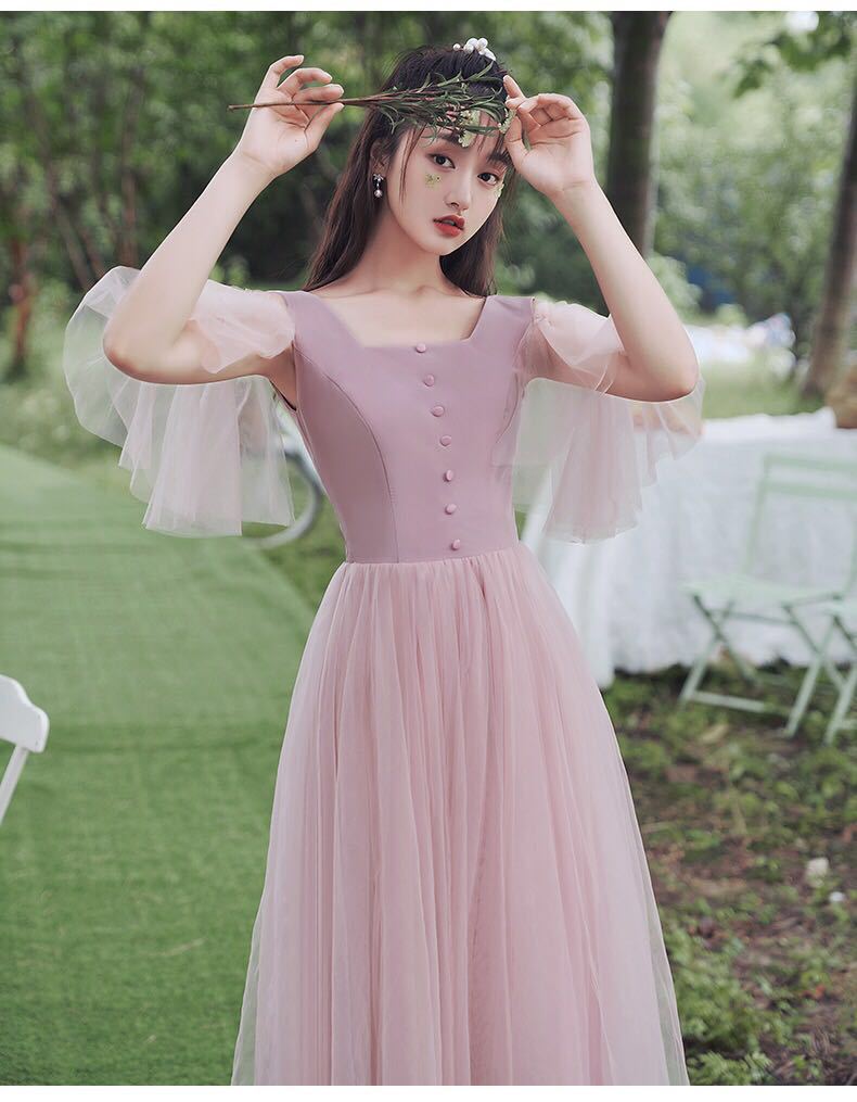 伴娘服粉色中长款2020年新款秋款伴娘团礼服女仙气质显瘦平时可穿