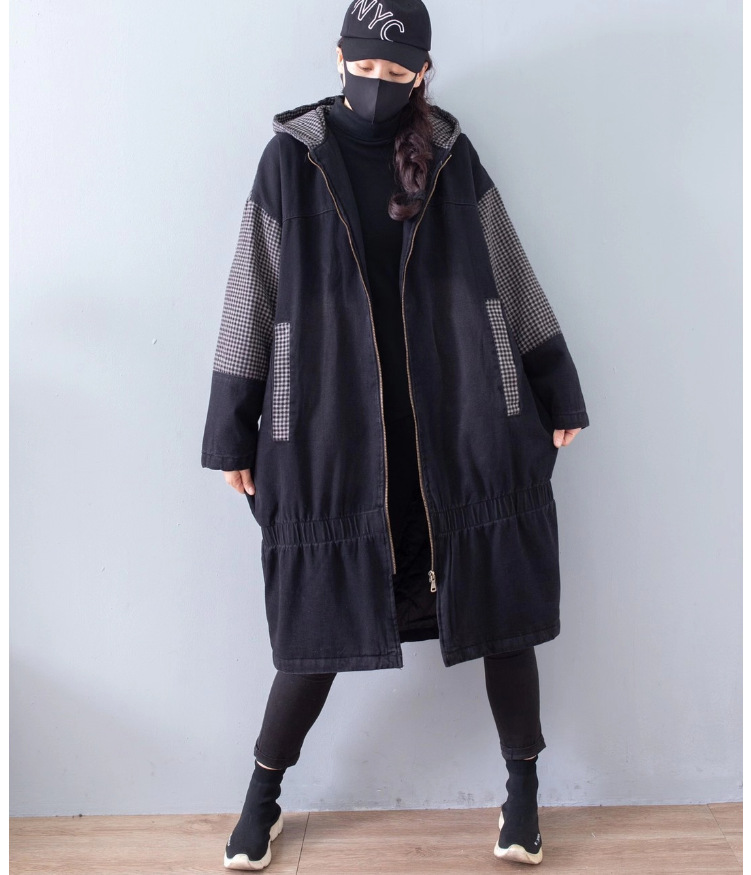 格子拼接牛仔水洗做旧长款夹棉棉衣冬季新款连帽保暖棉服外套女装