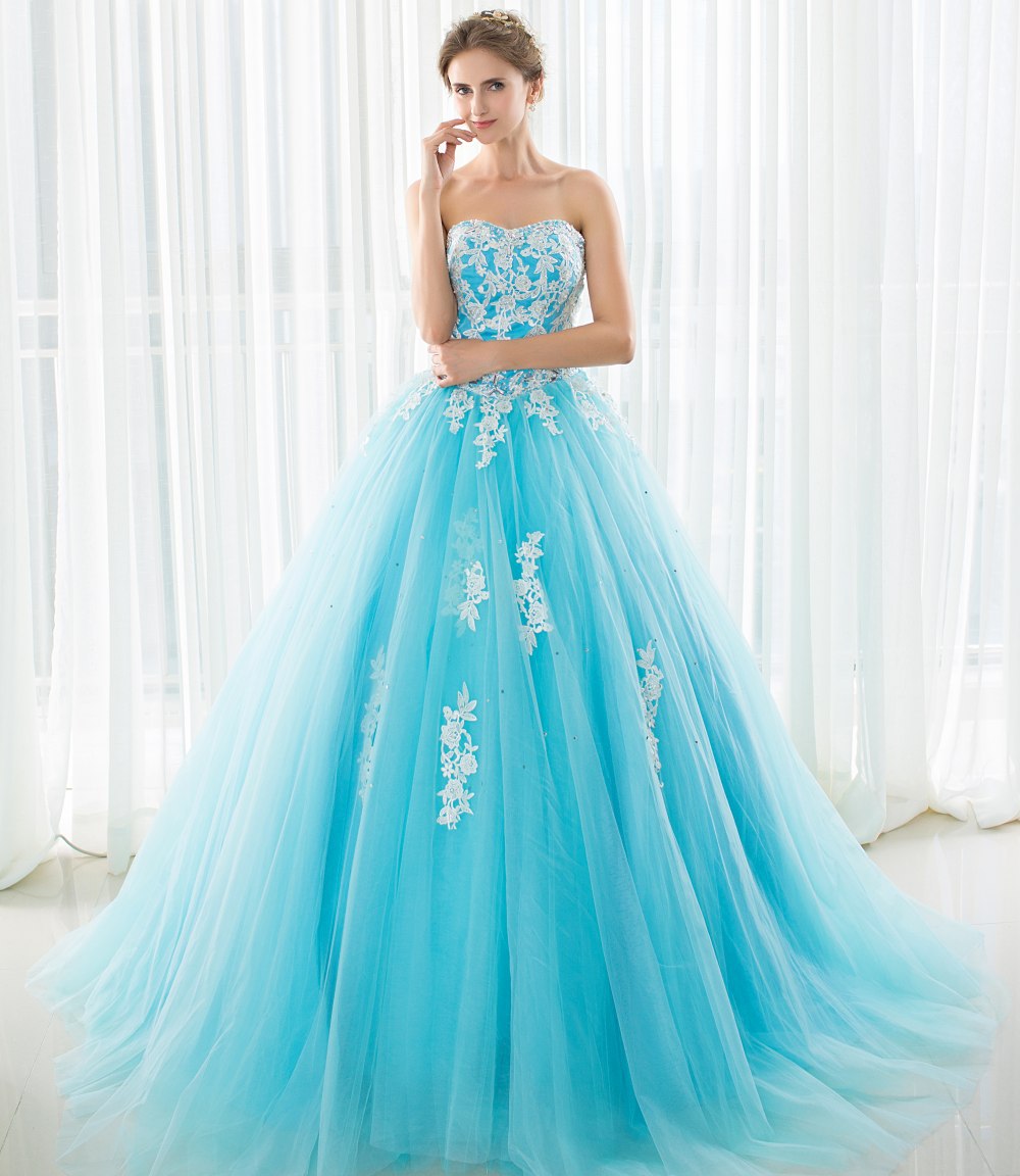 彩色拖尾婚纱礼服抹胸贴花缝珠蓬蓬舞裙宴会主持影楼演出晚礼服