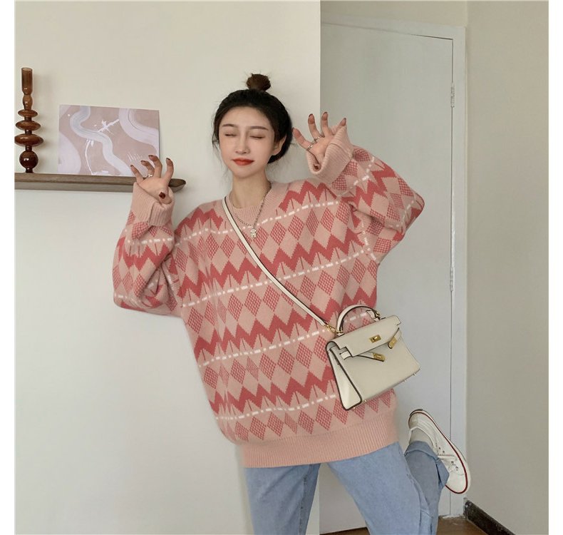 秋冬装圆领韩版棉气质通勤格子雾霾蓝拉链针织粉色套头情侣装