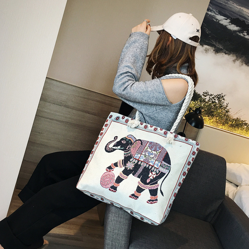 Live Broadcast Spring and Summer New Double-Sided Knitted Bag Women's Canvas Elephant Bag Ethnic Style Women Bag Embroidered Canvas Tote Bag