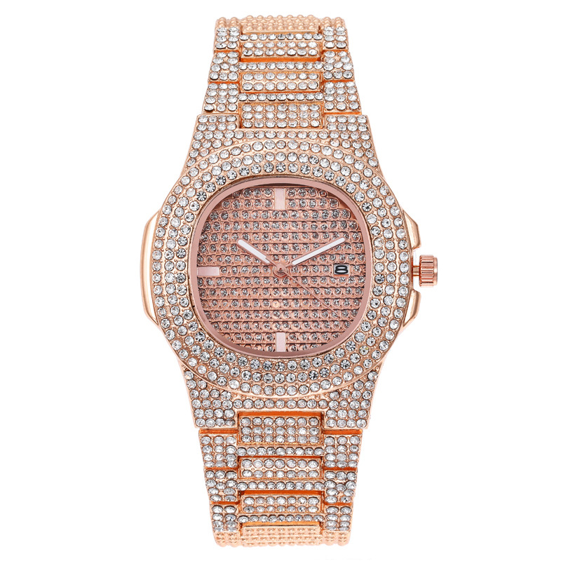 Cross-Border Hot Foreign Trade Starry Crystal Quartz Watch Full Diamond Band Calendar Women's Watch Steel Band Watch Women's Wholesale