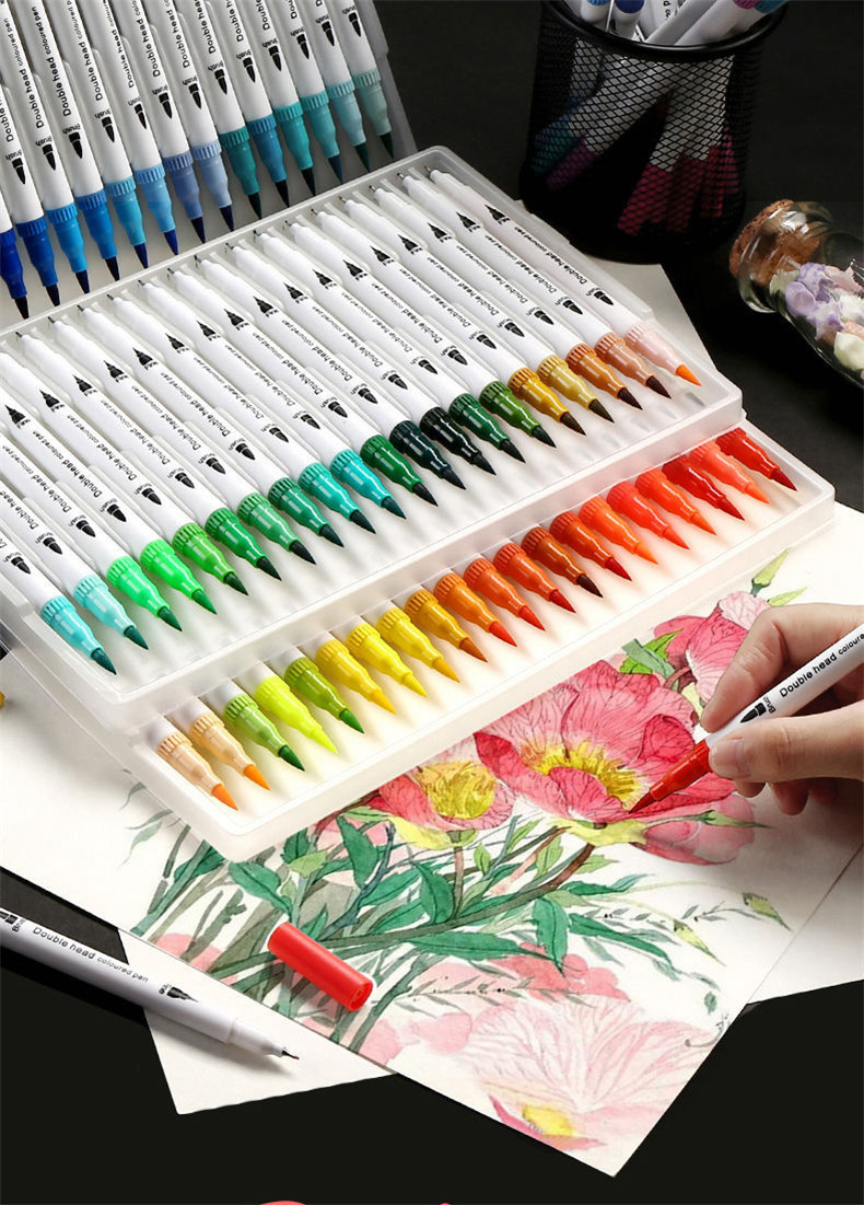 软头水彩笔绘画套装双头马克笔小学生儿童软笔头画画笔彩色勾线笔
