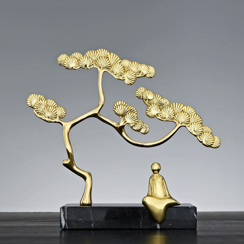 现代轻奢摆件纯铜迎客松家居装饰品创意简约客厅酒柜电视柜工艺品