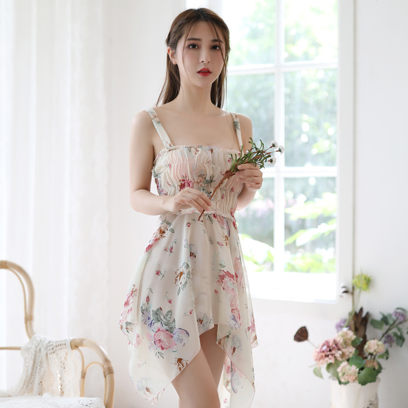 欧美性感女式吊带睡裙碎花裹胸家居睡衣女式情趣内衣短裙两件套