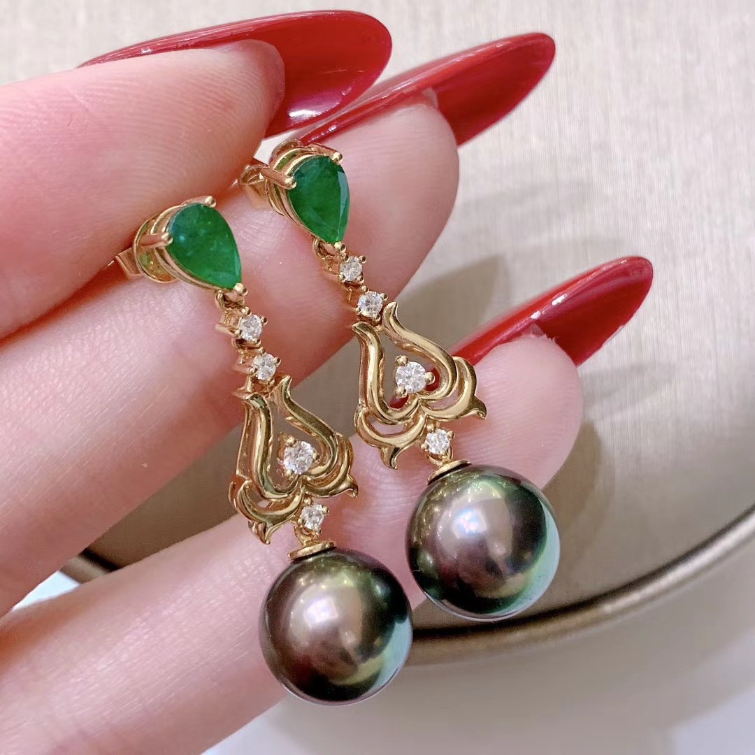 新款气质仿绿玺大溪地黑珍珠镀黄金色长款耳坠女时尚耳钉耳环饰品