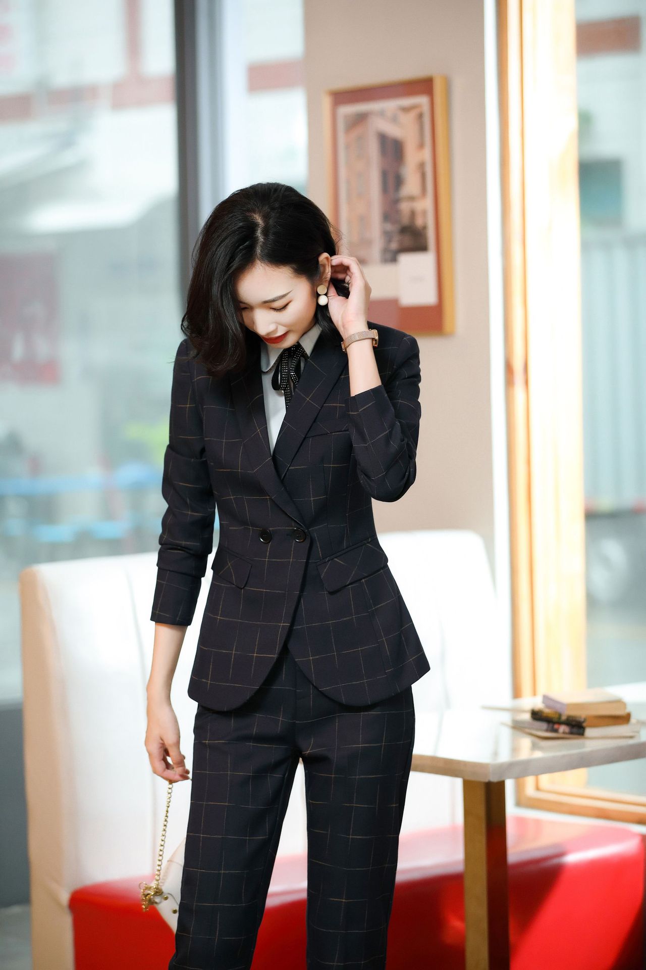 职业套装女士秋季韩版商务正装格子西服酒店工作服银行女职业装