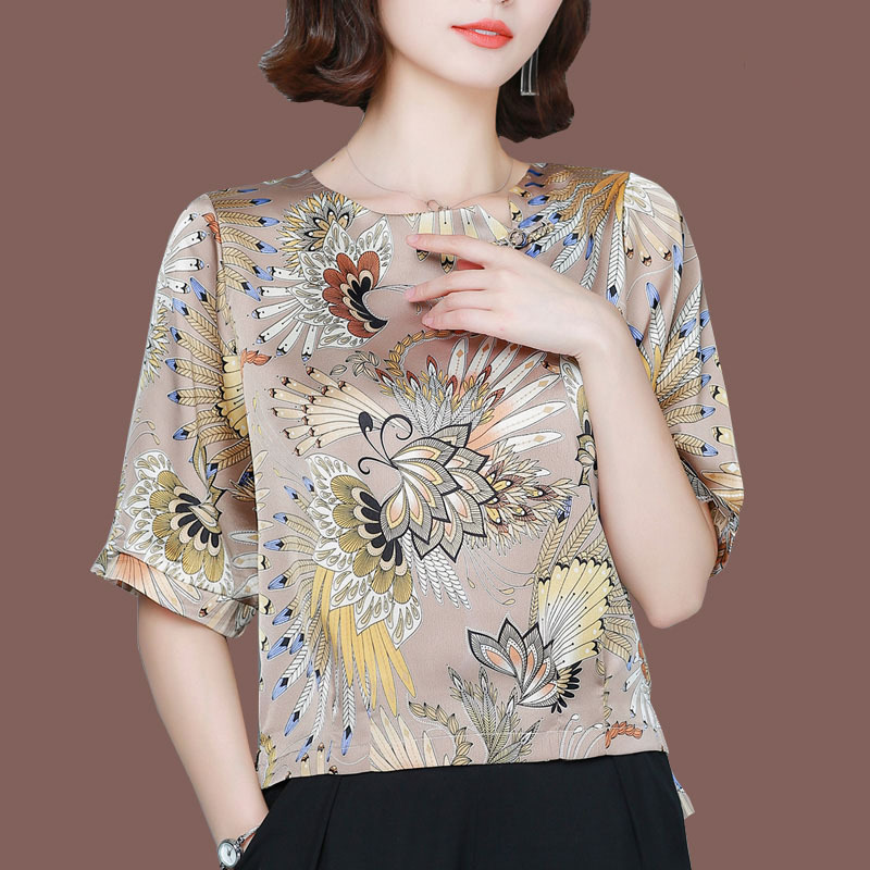 仿真丝上衣短袖t恤妈妈夏装碎花桑蚕丝半袖杭州丝绸女装洋气小衫