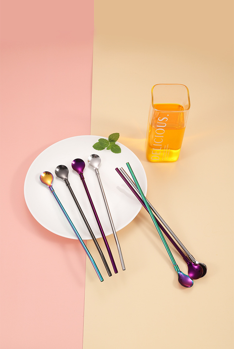 跨境304不锈钢勺子吸管勺套装咖啡搅拌勺吸管二合一弯直头吸管勺