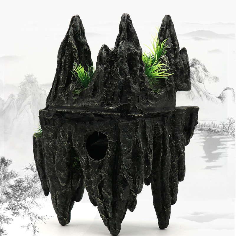 外贸爆款 水族箱造景假山 大型鱼缸造景假山 仿石头山树脂工艺品
