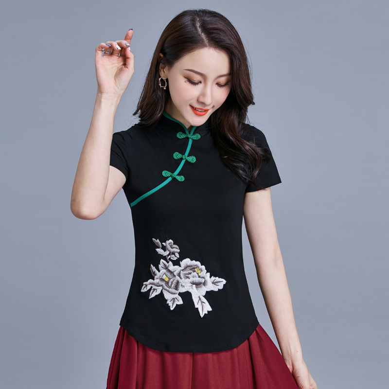 纯棉妈妈唐装上衣短袖女t恤夏季新款民族风立领盘扣复古绣花t恤女