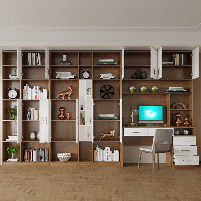 北欧书柜书桌一体定电脑桌台式简约现代书架组合写字台家用学生