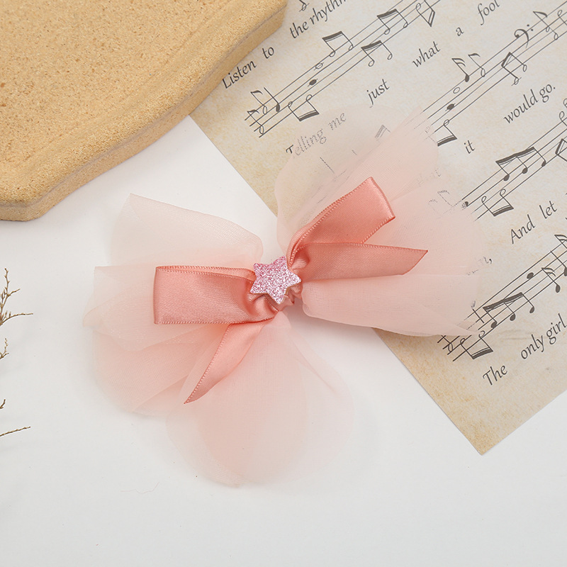 小仙女气质雪纱蝴蝶结发夹带钻星星bb夹五角星蕾丝立体头饰批发