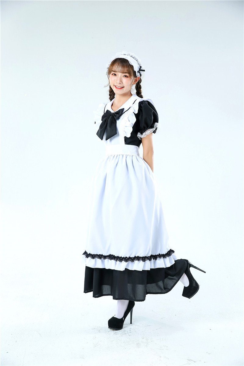长袖两穿古典英国贵族传统女仆装 长款经典黑白女佣服洋装批发