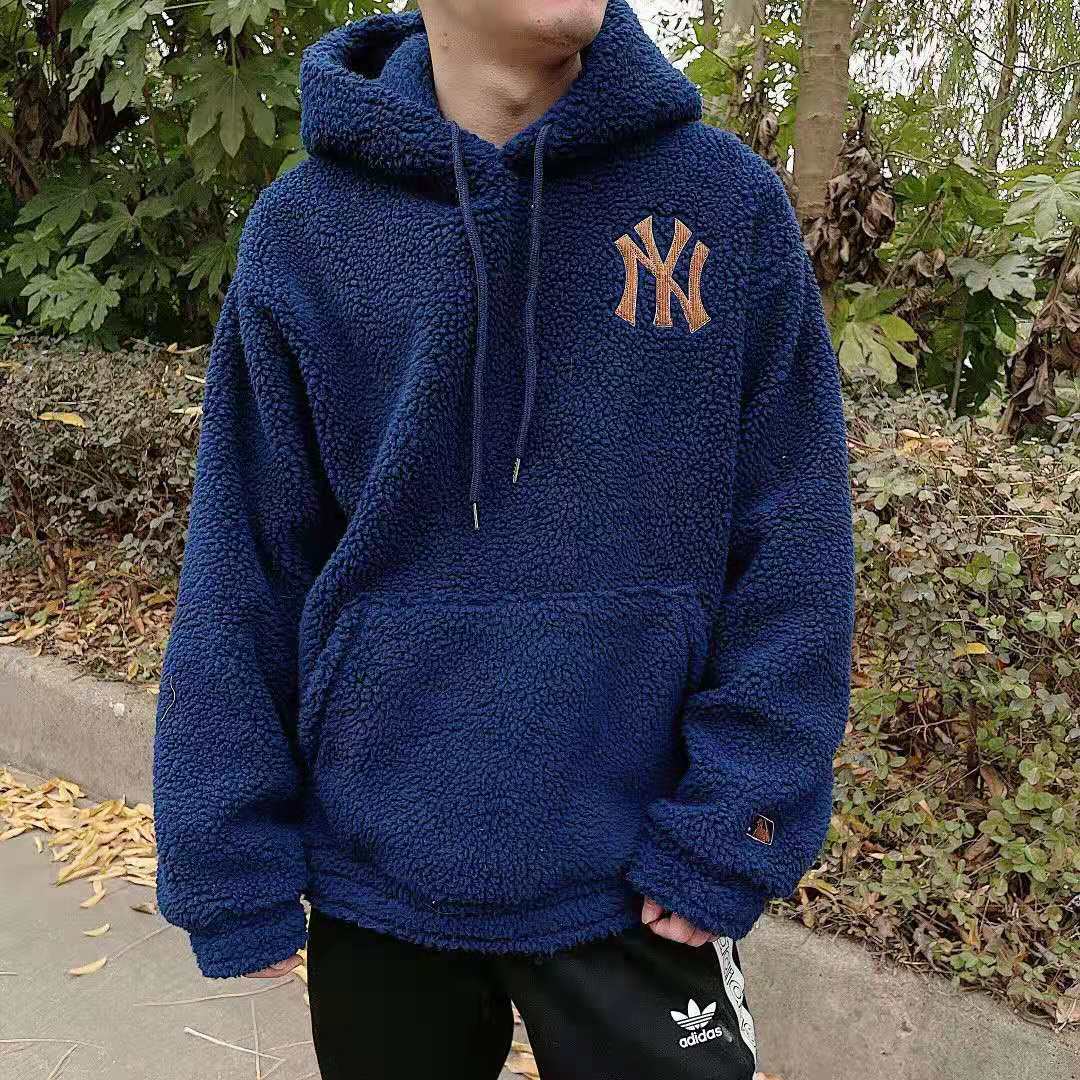 mlb洋基队2020ss 秋冬情侣款羊羔毛连帽卫衣 精致贴布刺绣logo
